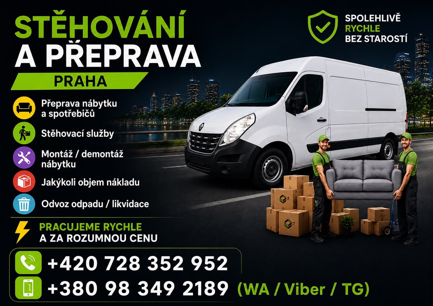 Leták Stěhování Praha se službami, ceníkem a kontakty